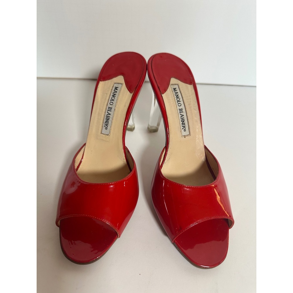 Y2K Manolo Blahnik Red Patent Leather Lucite Heel Peep Toe Mules Slides Size 40